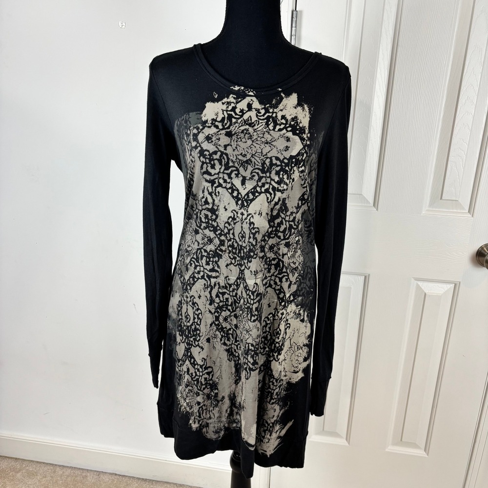 Peruvian Connection Black Pima Cotton Modal Damask‎ Print Long Sleeve Tunic S